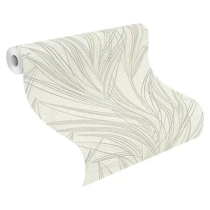 Rasch Welcome home Vliestapete Gräser - Cremeweiß, Floral, 10,05 x 0,53 m - Teilweise abgerollte cremefarbene Tapetenrolle mit dezentem Strukturalmuster aus fließenden beigen und grauen Linien.