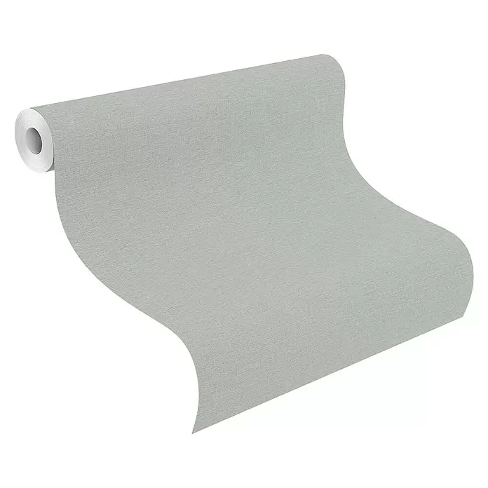 Rasch Country Charme Vliestapete Textil-Uni - Grau, Uni, 10,05 x 0,53 m - Hellgraue, strukturierte Tapetenrolle, teilweise abgerollt.