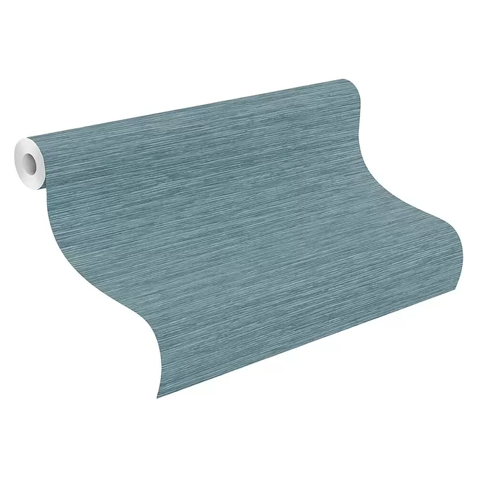 Rasch Symphony Vliestapete Uni - Dunkelblau, Uni, 10,05 x 0,53 m - Teal, teilweise ausgerollte Tapetenrolle mit linearer Textur.