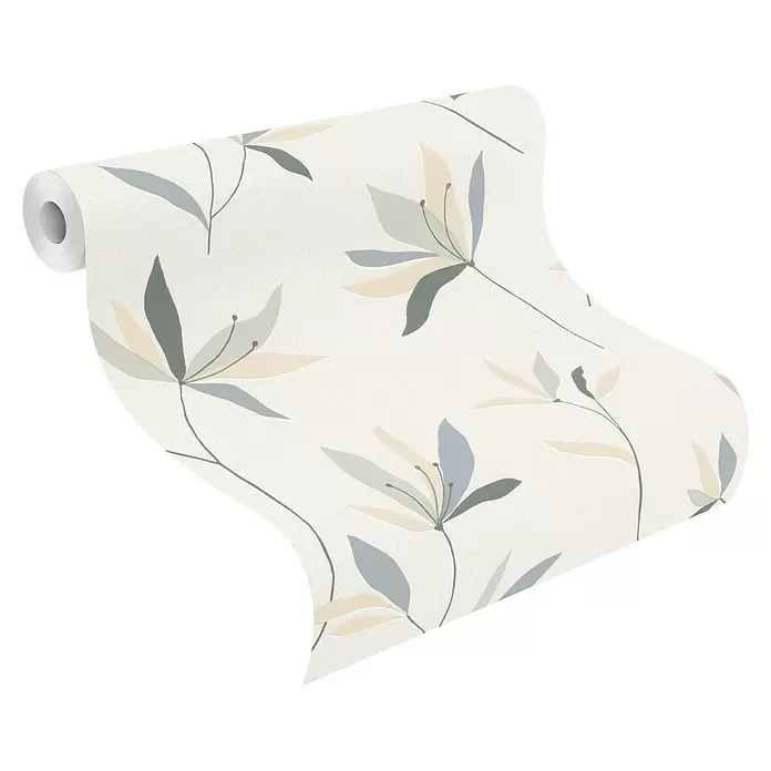 Rasch Color your life Vliestapete Blumen - Cremeweiß, Floral, 10,05 x 0,53 m - Rolle strukturierter Tapete mit abstraktem Blumenmuster in Hellblau, Beige und Grün auf cremefarbenem Hintergrund.