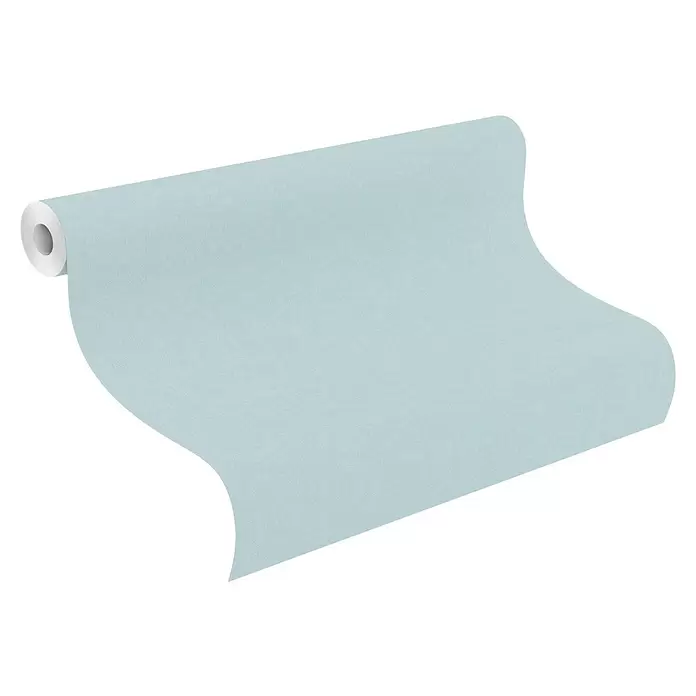 Rasch Kids World Vliestapete Textil-Uni - Hellblau, Uni, 10,05 x 0,53 m - Rolle hellblauer Tapete mit subtiler Textilstruktur, teilweise abgerollt.