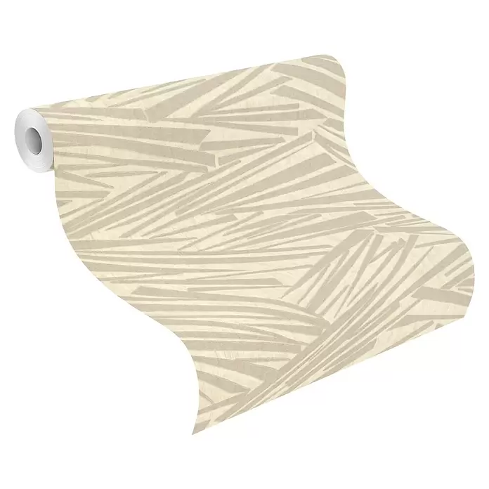 Rasch Sky Lounge Vliestapete Mikado - Taupe hell, Grafisch, 10,05 x 0,53 m - Beige Tapetenrolle entrollt, mit abstraktem Muster aus hellbraunen, eckigen Streifen.