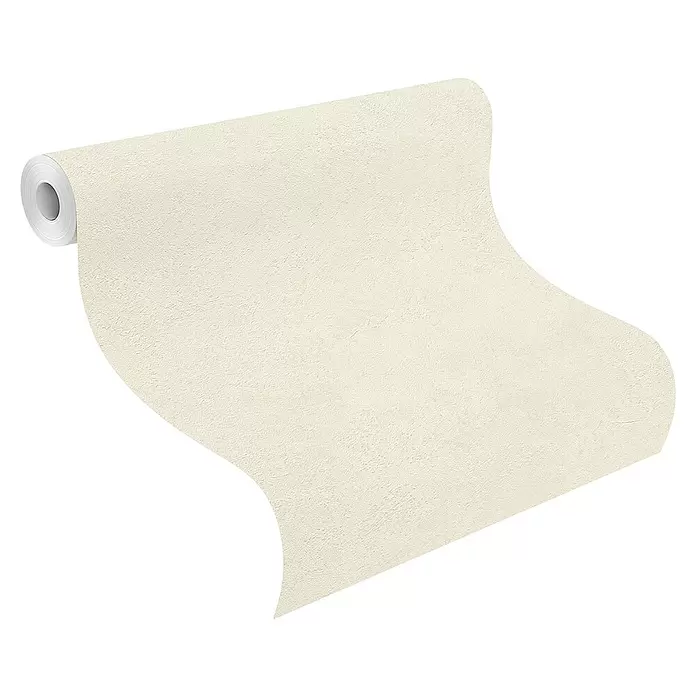 Rasch Factory V Vliestapete Metalloptik - Offwhite, Uni, 10,05 x 0,53 m - Strukturiertes hellbeiges Tapetenrolle entrollt.