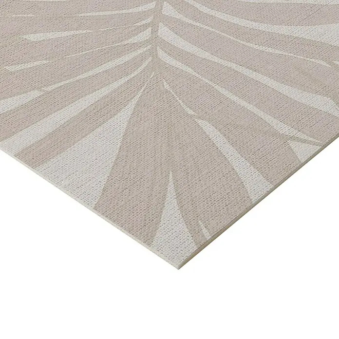 Alfombra de vinilo Tropikal - Crema, 200 x 60 cm, PVC - Primer plano de una alfombra de color claro con un patrón de hojas abstracto que ofrece un ambiente tranquilo y elegante.