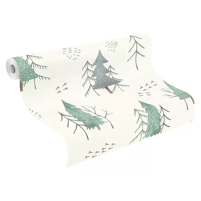 Rasch Kids World Vliestapete Natur - Dunkelgrün, Floral, 10,05 x 0,53 m - Tapetenrolle mit Muster aus stilisierten grünen und grauen Bäumen, Vogelspuren und Strichen auf hellem Hintergrund.