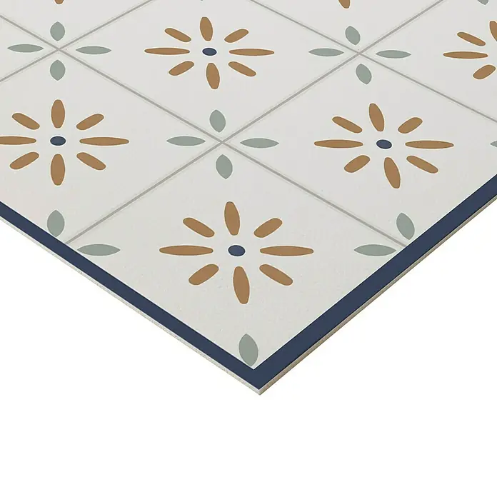 Alfombra de vinilo Caltec - Terracota, 110 x 48 cm, PVC - Primer plano de una baldosa decorativa con diseños florales en tonos marrones y azules, ideal para suelos y paredes elegantes.
