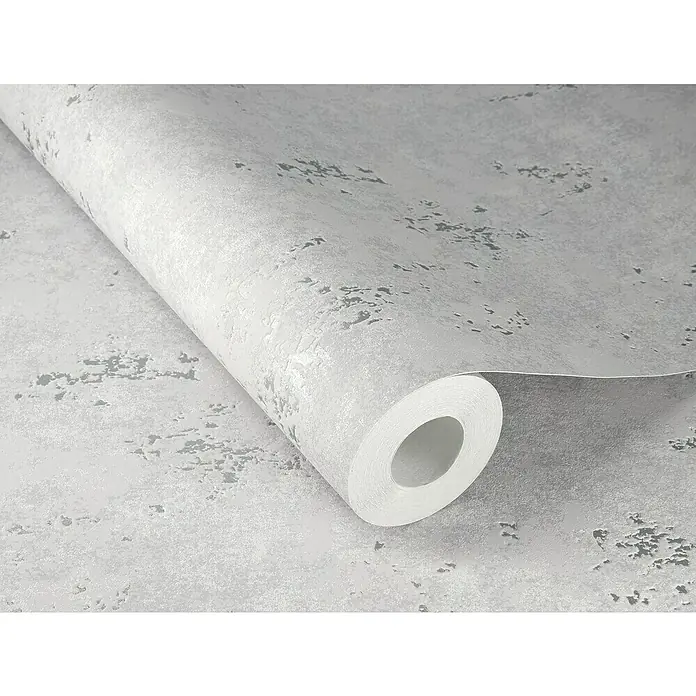 Rasch Color your life Vliestapete Struktur-Uni - Hellgrau, Steinoptik, 10,05 x 0,53 m - Nahaufnahme einer Rolle moderner, grauer Beton-Optik-Tapete, die eine stilvolle und industrielle Atmosphäre für jeden Raum schafft.
