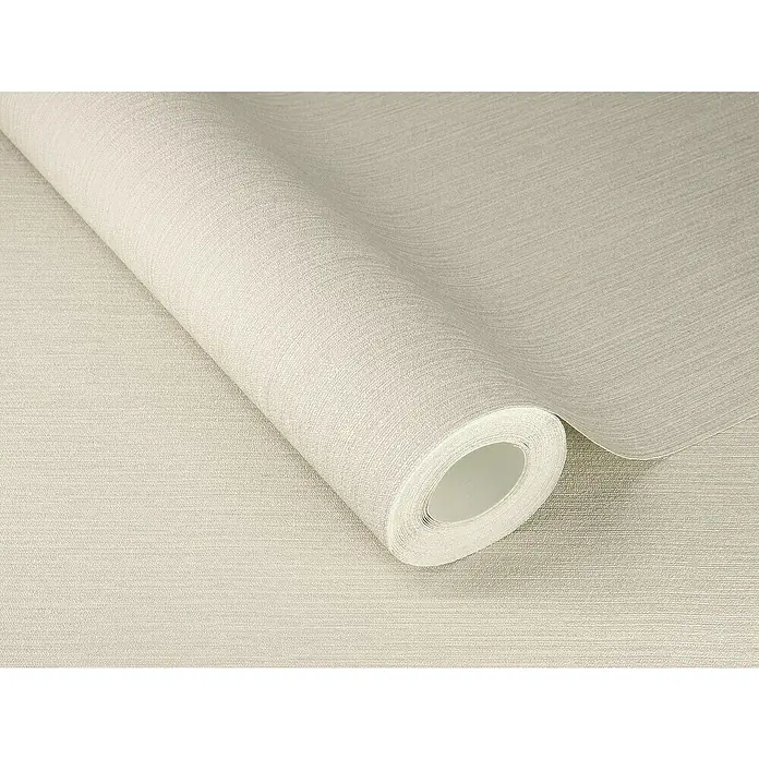 Rasch Country Charme Vliestapete Textil-Uni - Lichtgrau, Uni, 10,05 x 0,53 m - Detailaufnahme einer Rolle hellbeiger Textiltapete, die die feine Struktur und die sanfte Farbgebung des Produkts hervorhebt.