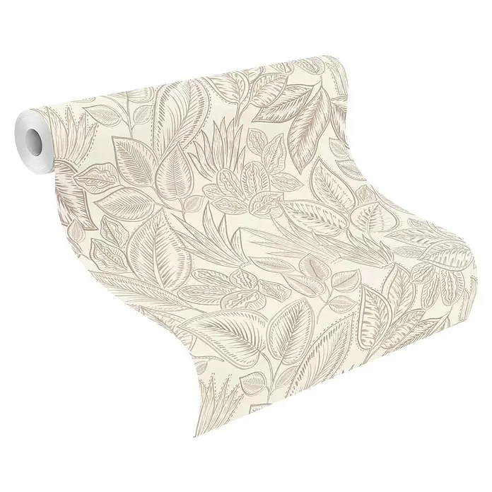 Rasch Country Charme Vliestapete Blätter - Hellbeige, Floral, 10,05 x 0,53 m - Eine Rolle beigefarbener Tapete mit detailreichem hellbraunem Blattmuster, die sich abrollt.