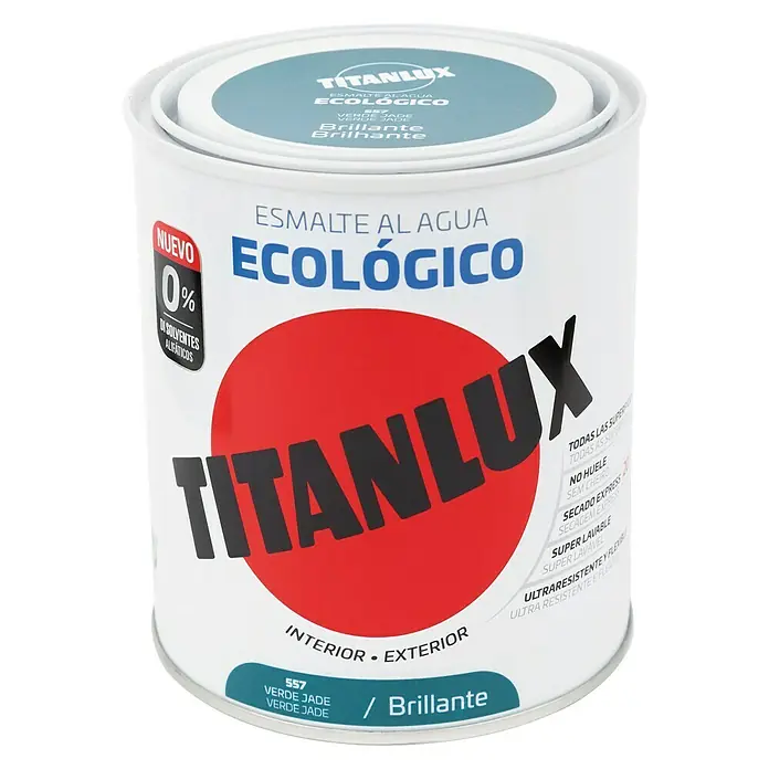 Titanlux Esmalte de color Eco - Verde jade, Brillante, 750 ml, Base de agua - Bote de pintura esmalte al agua TITANLUX ECOLÓGICO, color Verde Jade, acabado brillante, para interior y exterior, ecológico y sin disolventes.