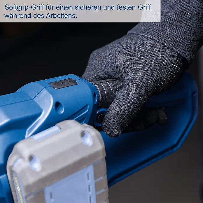 Scheppach IXES 20V Akku-Kettensäge C-CS254-X - 20 V, Li-Ionen, Ohne Akku, Schwertlänge: 25,4 cm - Ein Handschuh mit Softgrip-Griff für sicheren und festen Halt beim Arbeiten mit einem Elektrowerkzeug.