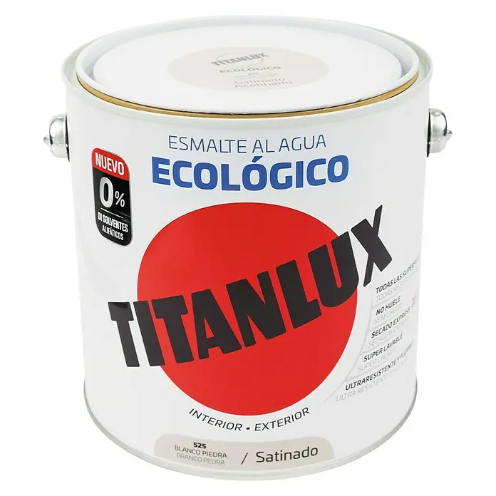 Titanlux Esmalte de color Eco - Blanco piedra, Satinado, 2,5 l, Base de agua - Primer plano de una lata de pintura al agua TITANLUX, ecológica, en color "Blanco Piedra Satinado" para interior y exterior.