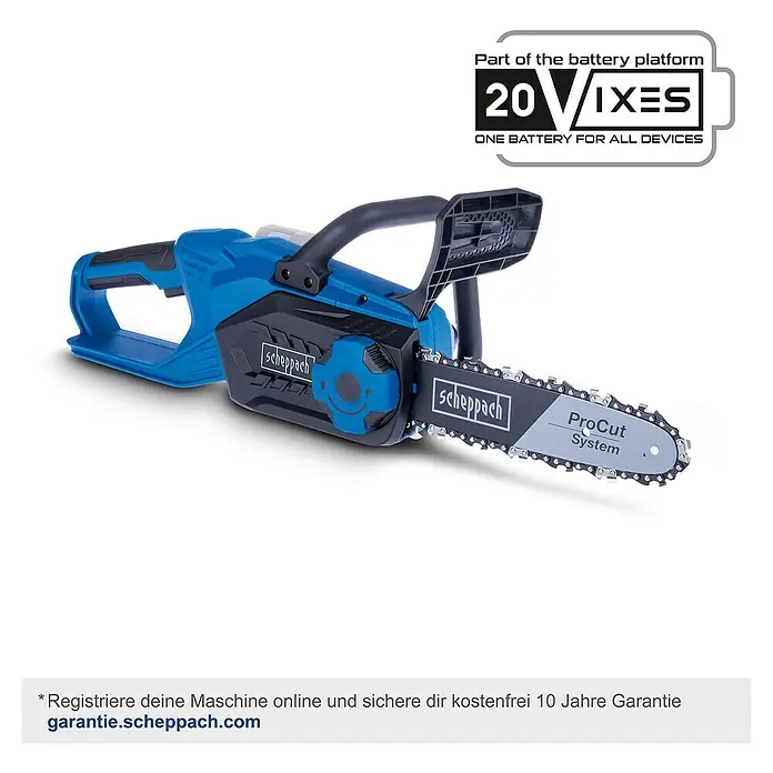 Scheppach IXES 20V Akku-Kettensäge C-CS254-X - 20 V, Li-Ionen, Ohne Akku, Schwertlänge: 25,4 cm - Abbildung einer Scheppach Akku-Kettensäge, die Teil der 20V-IXES-Akkuplattform ist und mit einem ProCut-System ausgestattet ist.
