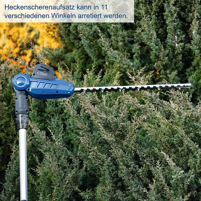 Scheppach IXES 20V Akku-Multitool C-PHTS410-X Set S - 1 Akku, Schnittlänge: 18 cm - Der Heckenscherenaufsatz von Scheppach ist in 11 verschiedenen Winkeln arretierbar und ermöglicht so einen flexiblen Einsatz.