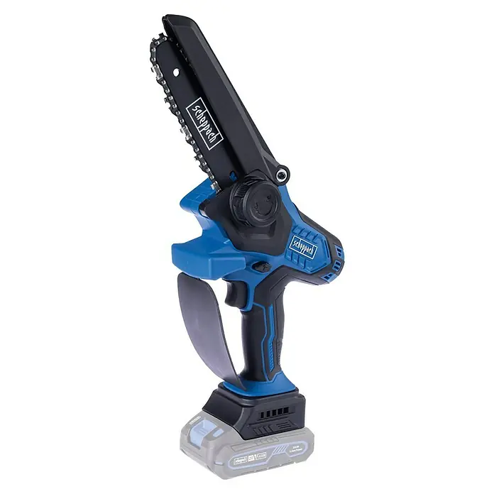 Scheppach IXES 20V Einhand-Akku-Kettensäge BC-PS150-X - 20 V, Li-Ionen, Ohne Akku - Akku-Kettensäge von Scheppach mit blau-schwarzem Design. Die Akku-Kettensäge ist ein robustes Werkzeug für Baumschnittarbeiten.