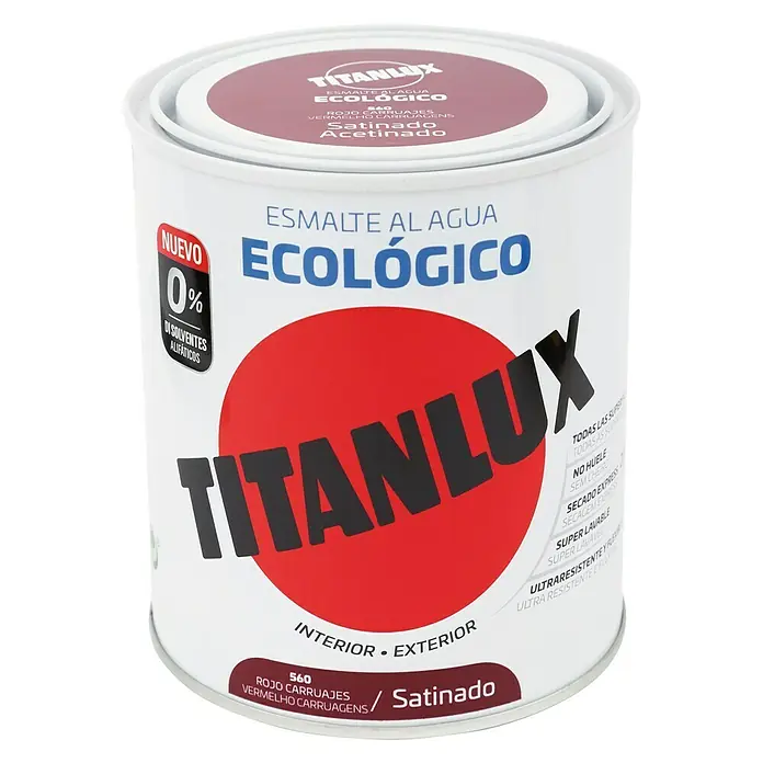 Titanlux Esmalte de color Eco - Rojo carruajes, Satinado, 750 ml, Base de agua - Un bote de pintura blanco de Titanlux con tapa roja, etiquetado como "Esmalte al Agua Ecológico", una pintura al agua respetuosa con el medio ambiente.
