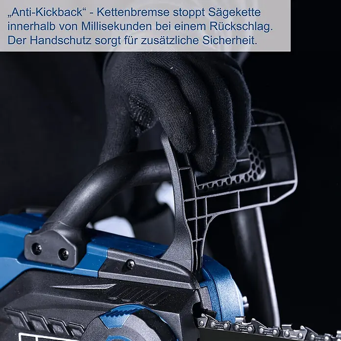 Scheppach IXES 20V Akku-Kettensäge C-CS254-X - 20 V, Li-Ionen, Ohne Akku, Schwertlänge: 25,4 cm - Nahaufnahme einer blauen Kettensäge mit Handschutz und Kettenbremse für zusätzliche Sicherheit.