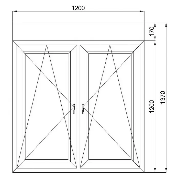 Solid Elements Kunststofffenster - 120 x 137 cm, DIN Anschlag: Links/Rechts, Weiß, Integrierter Aufsatzrollladen - Technische Zeichnung eines zweiflügeligen Fensters mit Griffen. Maße: 1200mm Breite, 1370mm Gesamthöhe.