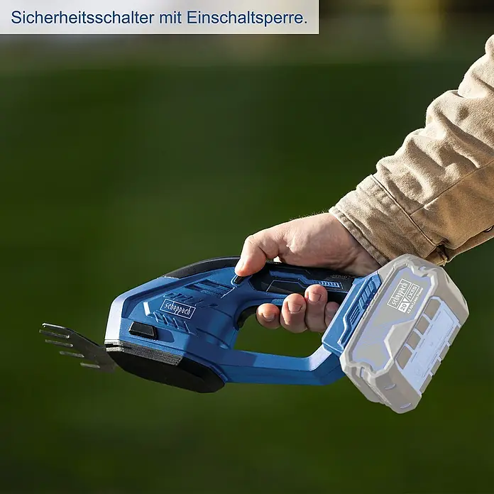 Scheppach IXES 20V Akku-Gras- & Strauchschere C-HTGS200-X - Li-Ionen, Ohne Akku, Schwertbreite: 90 mm - Der Scheppach Strauchschneider mit Sicherheitsschalter für präzise Gartenarbeit.