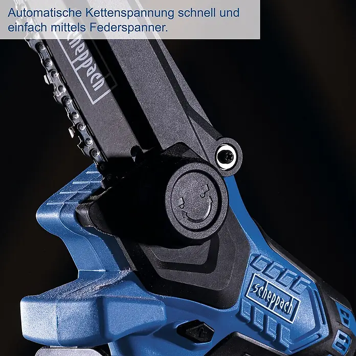 Scheppach IXES 20V Einhand-Akku-Kettensäge BC-PS150-X Set S - 20 V, 2 Ah, Li-Ionen, 1 Akku - Nahaufnahme einer Scheppach Kettensäge mit automatischer Kettenspannung für schnelles und einfaches Arbeiten.