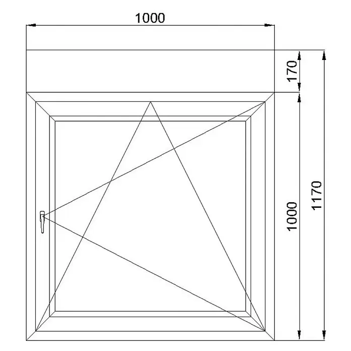 Solid Elements Kunststofffenster - 100 x 117 cm, DIN Anschlag: Rechts, Weiß, Integrierter Aufsatzrollladen - Technisches Zeichnung eines öffenbaren Fensters mit Griff, zeigt Gesamtmaße von 1000x1170mm.