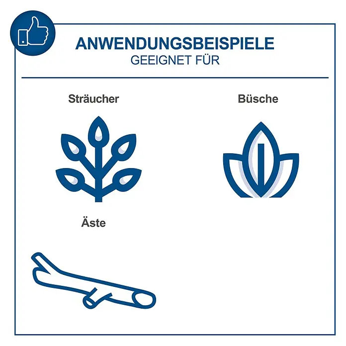 Scheppach IXES 20V Einhand-Akku-Kettensäge BC-PS150-X Set S - 20 V, 2 Ah, Li-Ionen, 1 Akku - Infografik mit Anwendungsbeispielen für Sträucher, Büsche und Äste, inklusive Icons und Daumen hoch.