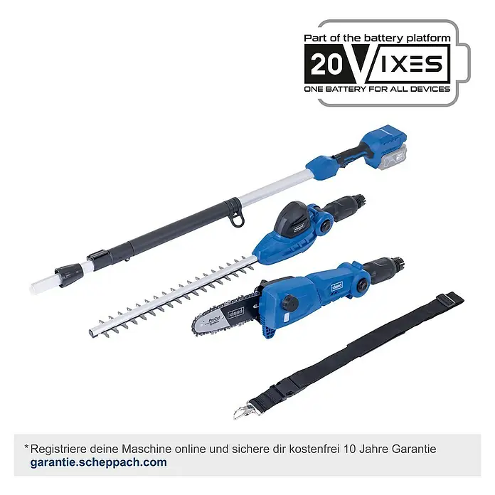 Scheppach IXES 20V Akku-Multitool C-PHTS410-X - Ohne Akku - Abgebildet ist ein Scheppach 20V Akku-Multifunktionswerkzeug mit verschiedenen Aufsätzen, ideal für Gartenarbeiten.