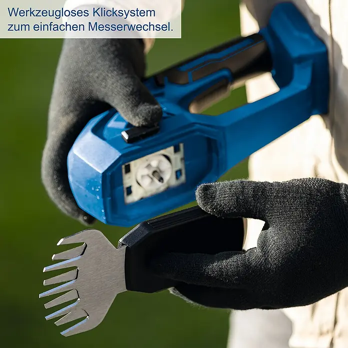 Scheppach IXES 20V Akku-Gras- & Strauchschere C-HTGS200-X - Li-Ionen, Ohne Akku, Schwertbreite: 90 mm - Akkubetriebene Grasschere mit werkzeuglosem Klicksystem zum einfachen Messerwechsel für präzise Rasenpflege.