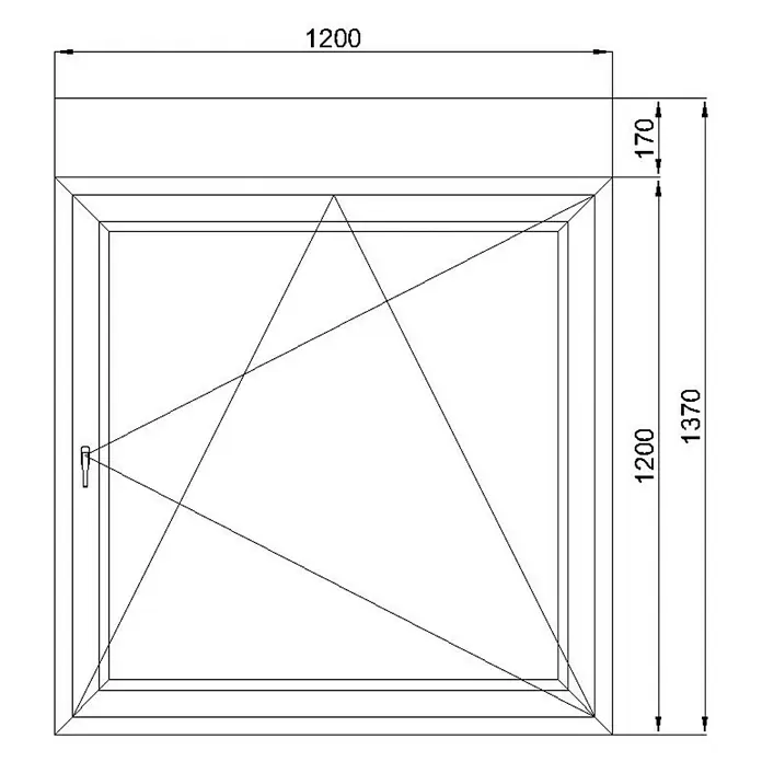 Solid Elements Kunststofffenster - 120 x 137 cm, DIN Anschlag: Rechts, Weiß, Integrierter Aufsatzrollladen - Technische Zeichnung eines rechteckigen Fensters mit Griff und Bemaßung.