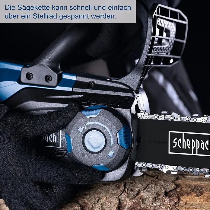 Scheppach IXES 20V Akku-Kettensäge C-CS254-X - 20 V, Li-Ionen, Ohne Akku, Schwertlänge: 25,4 cm - Nahaufnahme einer Scheppach Akku-Kettensäge beim Spannen der Kette mit Stellrad.