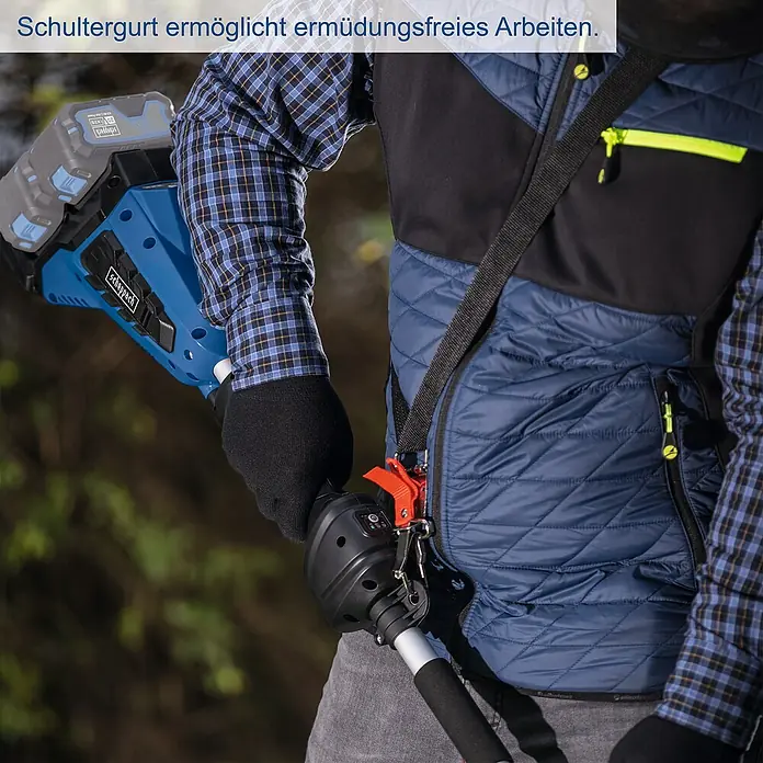 Scheppach IXES 20V Akku-Multifunktionswerkzeug BC-MFH400-X Set -  - Der abgebildete Tragegurt ermöglicht ermüdungsfreies Arbeiten mit dem Akku-Rasentrimmer. Komfort und effiziente Gartenarbeit mit Scheppach.