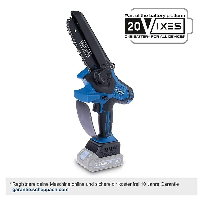 Scheppach IXES 20V Einhand-Akku-Kettensäge BC-PS150-X - 20 V, Li-Ionen, Ohne Akku - Abbildung der Akku-Kettensäge von Scheppach, ein praktisches Werkzeug für Gartenarbeiten.