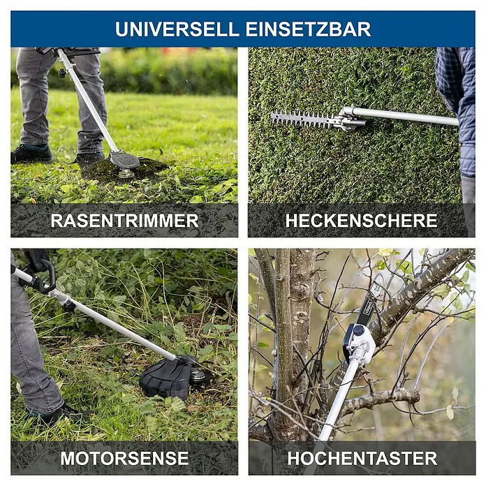 Scheppach IXES 20V Akku-Multifunktionswerkzeug BC-MFH400-X Set -  - Rasentrimmer, Heckenschere, Motorsense und Hochentaster: Ein vielseitiges Werkzeug für den Garten.