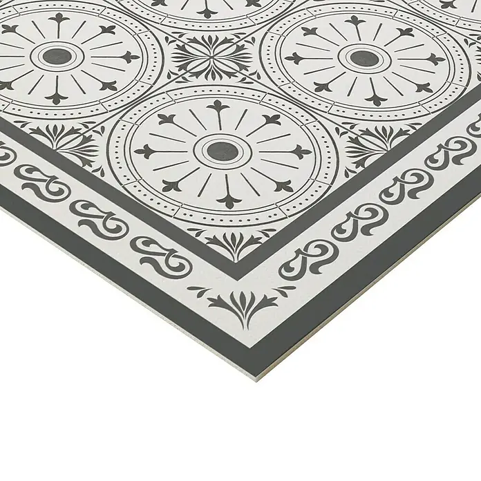 Alfombra de vinilo Elia - Gris, 200 x 60 cm, PVC - Elegante baldosa para suelo con un patrón intrincado. El diseño combina círculos, elementos florales y un borde decorativo.