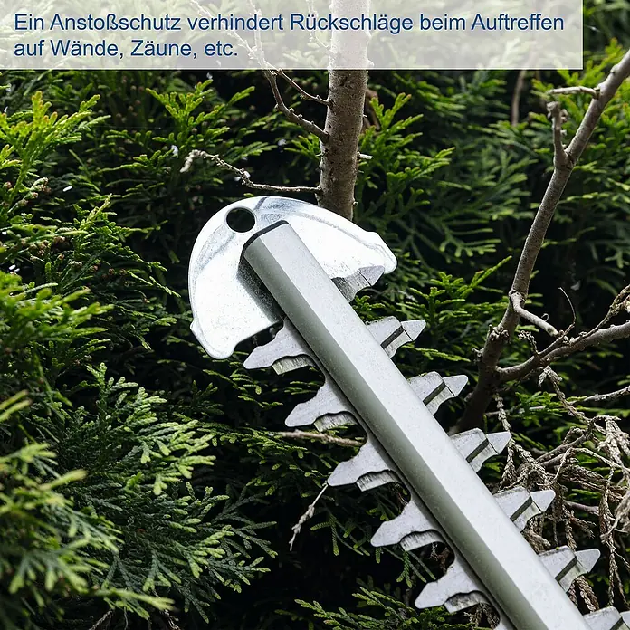 Scheppach IXES 20V Akku-Heckenschere C-HT570-X Set S - 20 V, Li-Ionen, 1 Akku, Schnittlänge: 51 cm - Die Heckenschere mit Anstoßschutz verhindert Rückschläge beim Auftreffen auf Hindernisse wie Mauern oder Zäune und ermöglicht präzises Arbeiten.