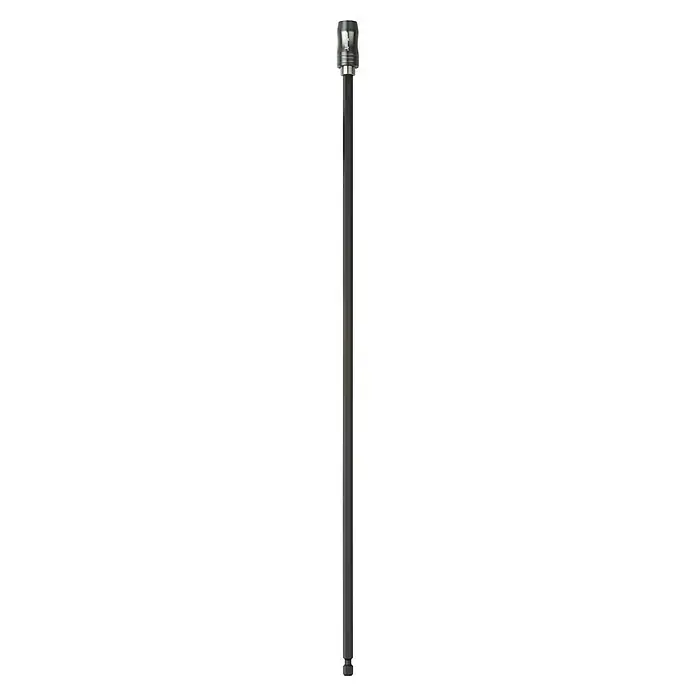Wolfcraft Bithalter - Länge: 450 mm - Das Bild zeigt ein silbernes, zylindrisches Objekt mit einer runden Scheibe an einem Ende vor einem schwarzen Hintergrund.