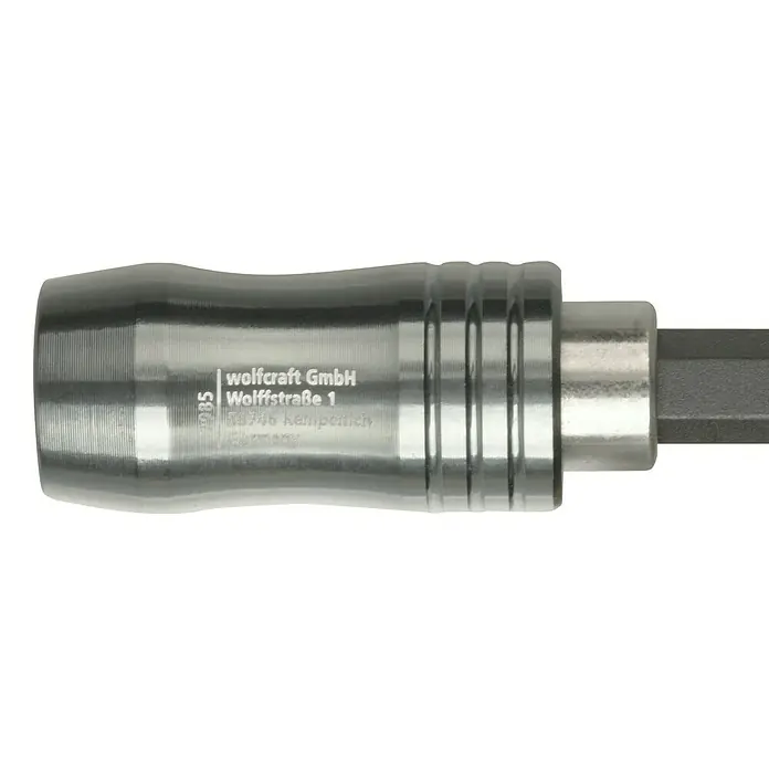 Wolfcraft Bithalter250 mm, Ringmagnet - Nahaufnahme des Wolfcraft Bit-Schnellwechslers mit präziser Mechanik für effizientes Arbeiten.\n
