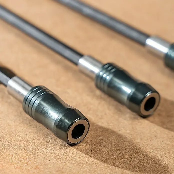 Wolfcraft Bithalter250 mm, Ringmagnet - Nahaufnahme von Schraubendreher-Verlängerungen mit flexibler Welle für schwer zugängliche Stellen, ideal für Reparaturen und Montage.