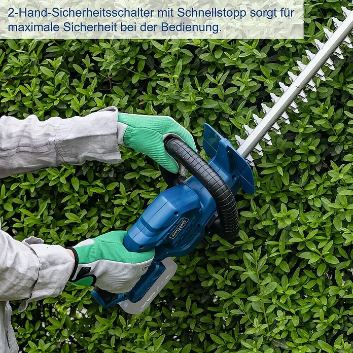 Scheppach IXES 20V Akku-Heckenschere C-HT570-X - 20 V, Li-Ionen, Ohne Akku, Schnittlänge: 51 cm - Heckenschere von Scheppach in Aktion, sicheres Schneiden mit 2-Hand-Sicherheitsschalter und Schnellstopp für maximale Sicherheit.