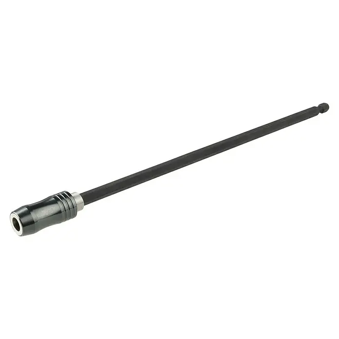 Wolfcraft Bithalter250 mm, Ringmagnet - Das Bild zeigt einen Verlängerungsadapter für Schraubendreher mit einem langen, schwarzen Schaft und einem Kugelkopfende.