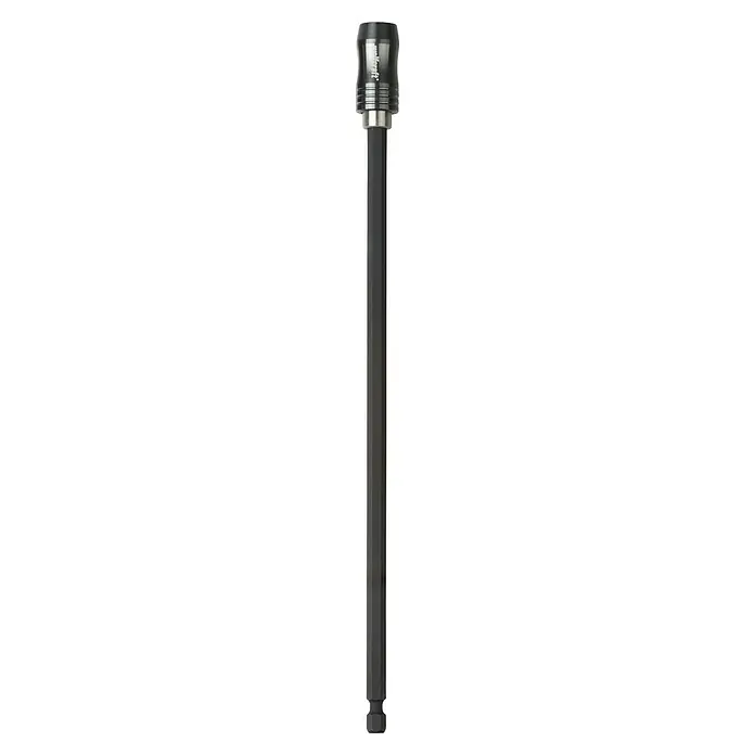 Wolfcraft Bithalter250 mm, Ringmagnet - Diese Aufnahme zeigt einen Stift mit einem silbernen Knopf oben und einem grauen, sechseckigen Körper, alles vor einem schwarzen Hintergrund.