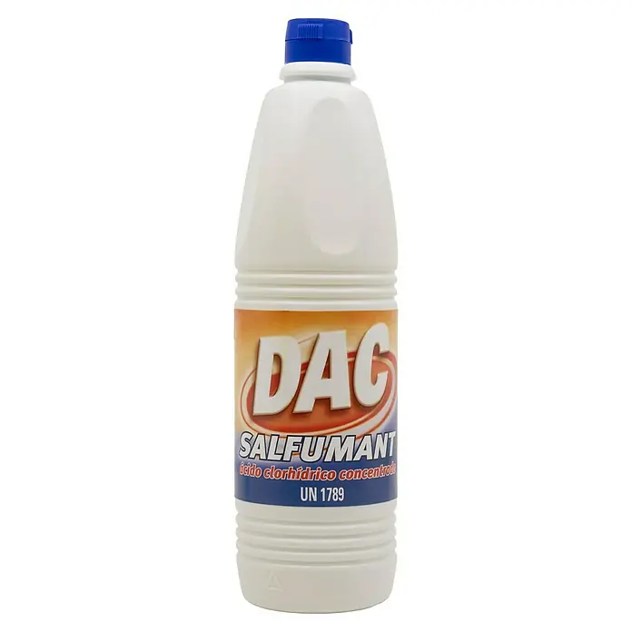 Salfuman DAC - 1 l - Una botella de DAC Salfumant, un agente de limpieza concentrado de ácido clorhídrico, con tapón azul y recipiente blanco.