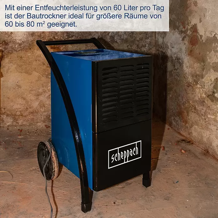 Scheppach Bautrockner BTR6500 - Entfeuchtungsleistung: 60 l/Tag, Raumgröße: 60 m² - 80 m² - Blauer und schwarzer Scheppach Bautrockner mit Rädern, ideal für größere Räume von 60 bis 80 m².