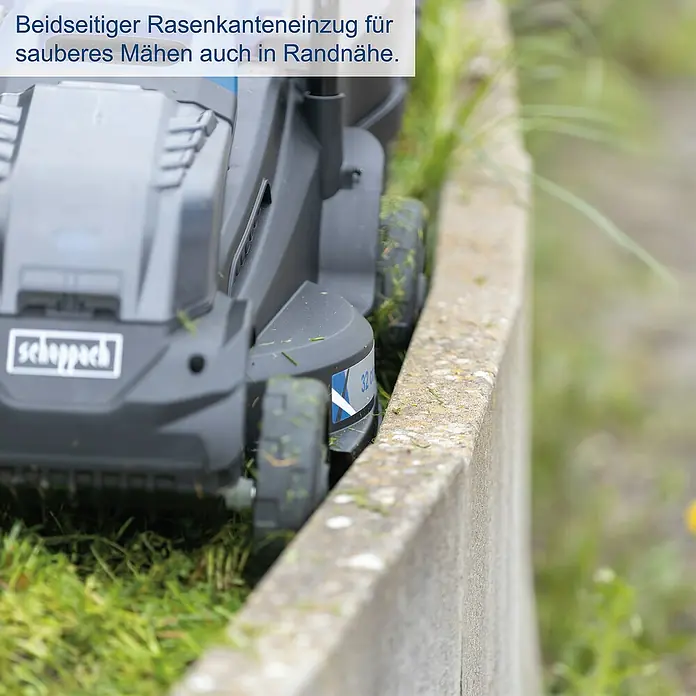 Scheppach IXES 20V Akku-Rasenmäher BC-MP320-X - 20 V, 1 Akku, 4 Ah, Schnittbreite: 32 cm - Rasenkantenschneider im Einsatz. Beidseitiger Rasenkanteneinzug für sauberes Mähen auch in Randnähe. Ideal für präzise Rasenpflege.