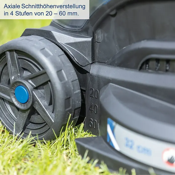 Scheppach IXES 20V Akku-Rasenmäher BC-MP320-X - 20 V, 1 Akku, 4 Ah, Schnittbreite: 32 cm - Nahaufnahme eines Rasenmähers, der die axiale Schnitthöhenverstellung in 4 Stufen von 20–60 mm zeigt.\n