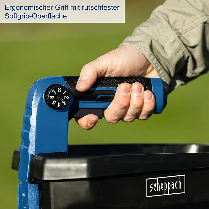 Scheppach IXES 20V Akku-Handstreuer C-GSP800-X - 20 V, Ohne Akku, Streubreite: 5 m - Nahaufnahme eines Scheppach-Streuwagens mit ergonomischem Griff und rutschfester Softgrip-Oberfläche.