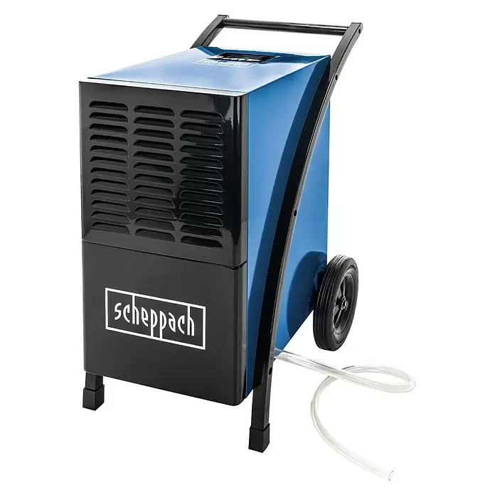 Scheppach Bautrockner BTR6500 - Entfeuchtungsleistung: 60 l/Tag, Raumgröße: 60 m² - 80 m² - Blauer und schwarzer Industriesentfeuchter mit Rädern, Griff und Ablaufschlauch, mit 'Scheppach'-Logo.
