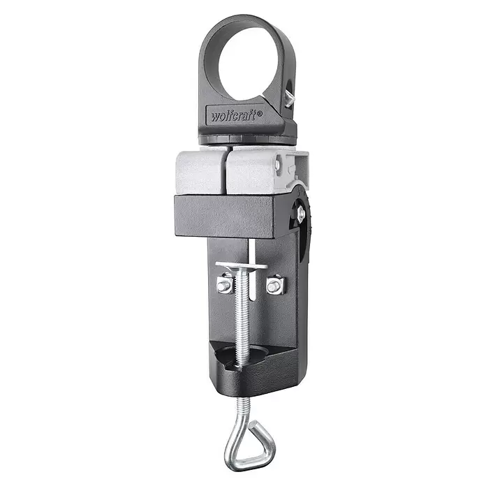 Wolfcraft Soporte de taladro - Apertura máxima: 60 mm - Abrazadera de mesa multifunción Wolfcraft con mordazas pivotantes, soporte para herramientas y sargento en C. Componentes gris oscuro y plata.