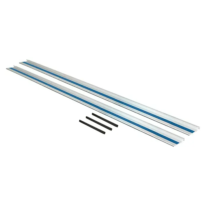 Scheppach Führungsschienen-Set - 5 -tlg., Passend für: Scheppach Tauchsäge PL 285 - Das Bild zeigt zwei Führungsschienen mit blauen Akzenten und dazugehörige Verbinder, ideal für präzise Holzarbeiten und professionelle Projekte.