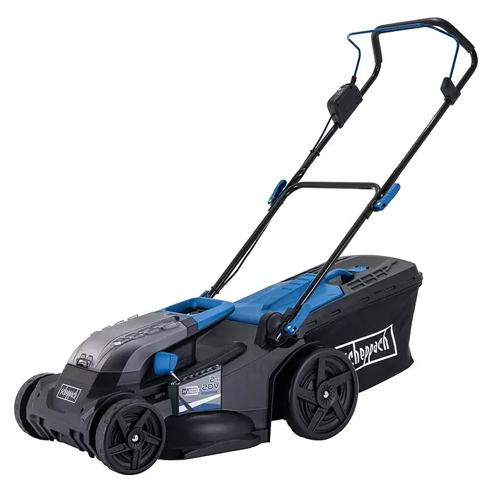 Scheppach IXES 20V Akku-Rasenmäher BC-MP430-X - 20 V, Ohne Akku, Schnittbreite: 43 cm - Schwarzer und blauer Akku-Rasenmäher mit Grasfangsack und großen Rädern.